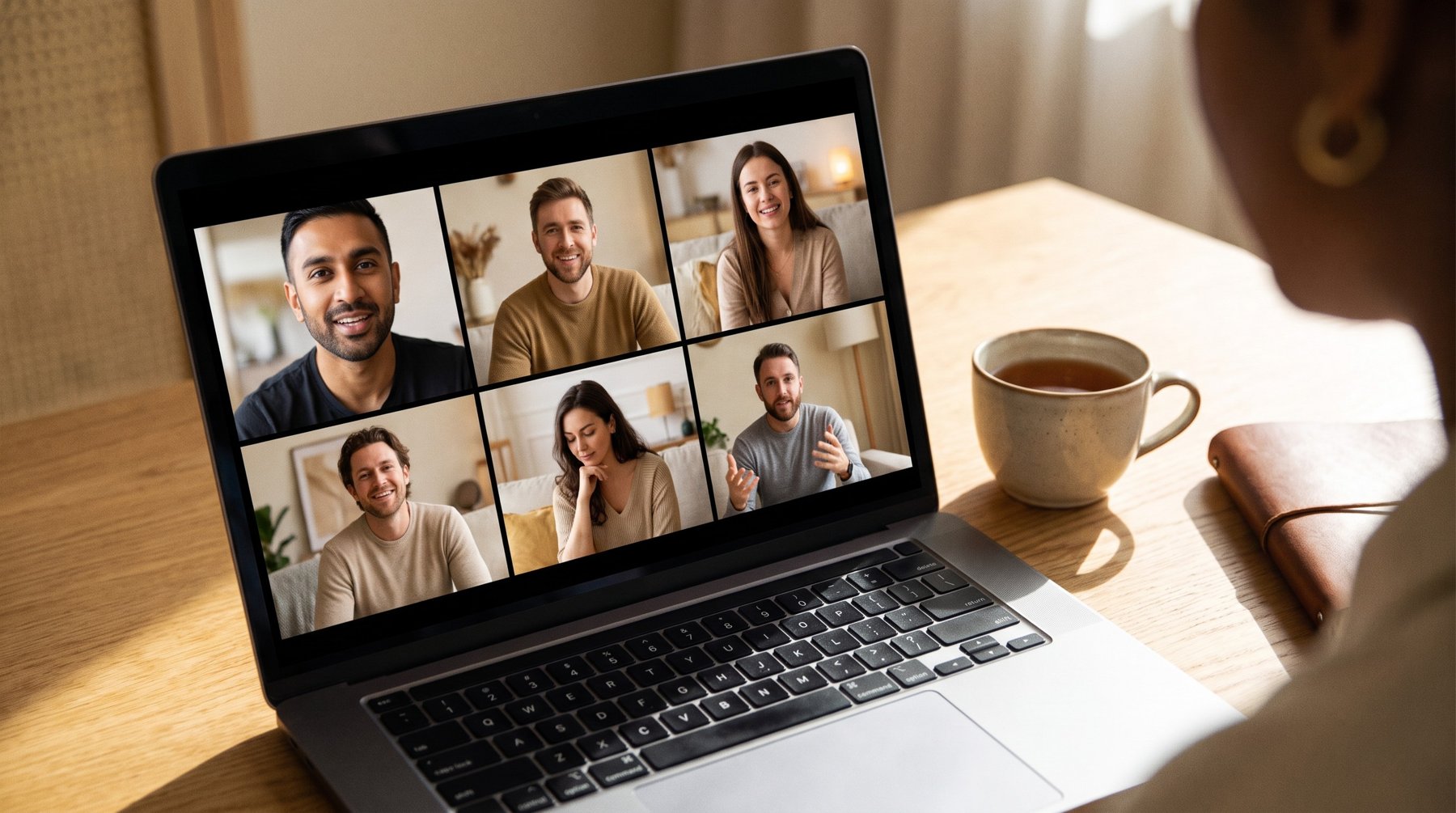 An online group coaching call on a laptop screen