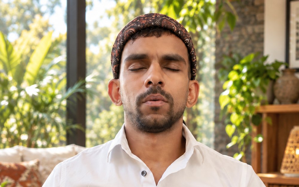 Gin sitting with his eyes closed in a sunlit room, guiding a meditation