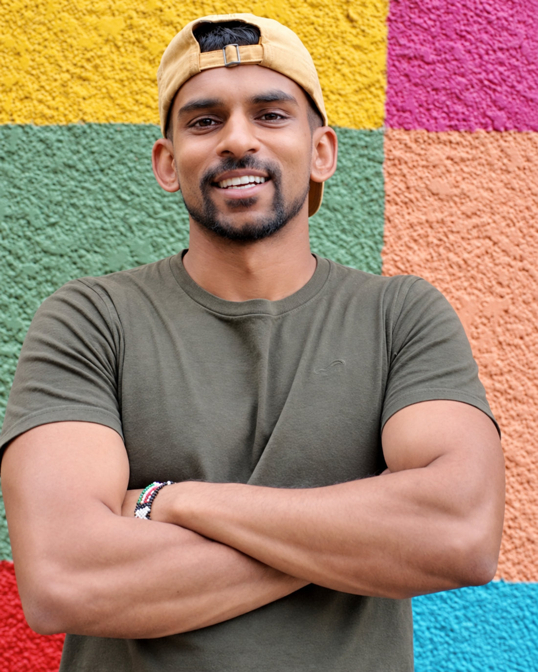 Gin smiling with his arms crossed in front of a colourful wall